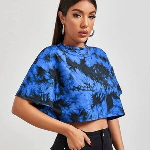 Blue and Black Tie Dye Oversized Crop Top Tee Size Large